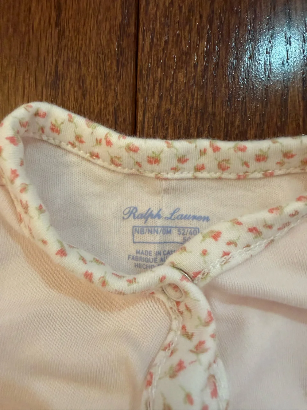 Ralph Lauren Baby Pink Snap-Front Onesie with Floral Trim